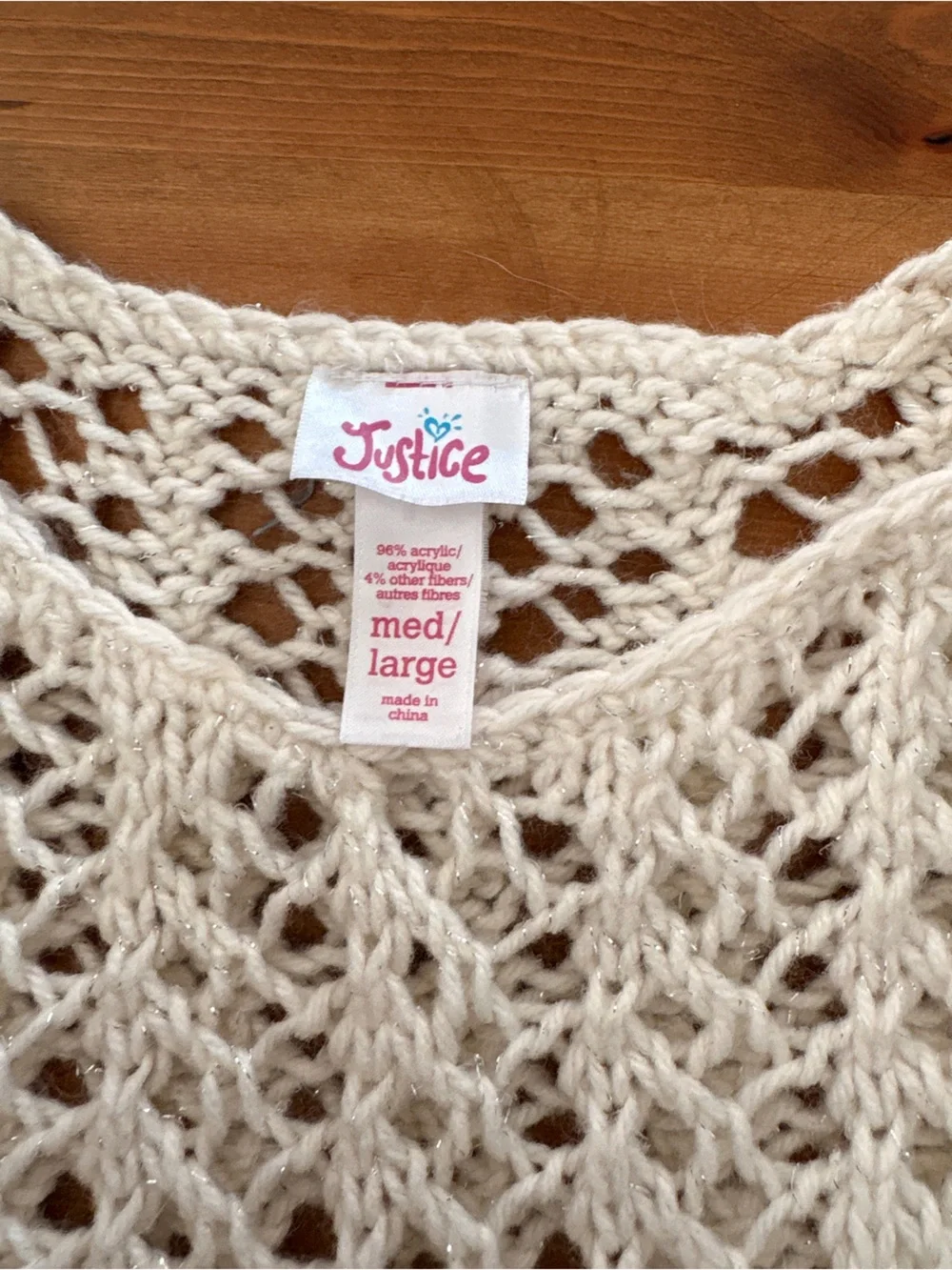Justice Cream Open-Knit Fringe Poncho Shrug